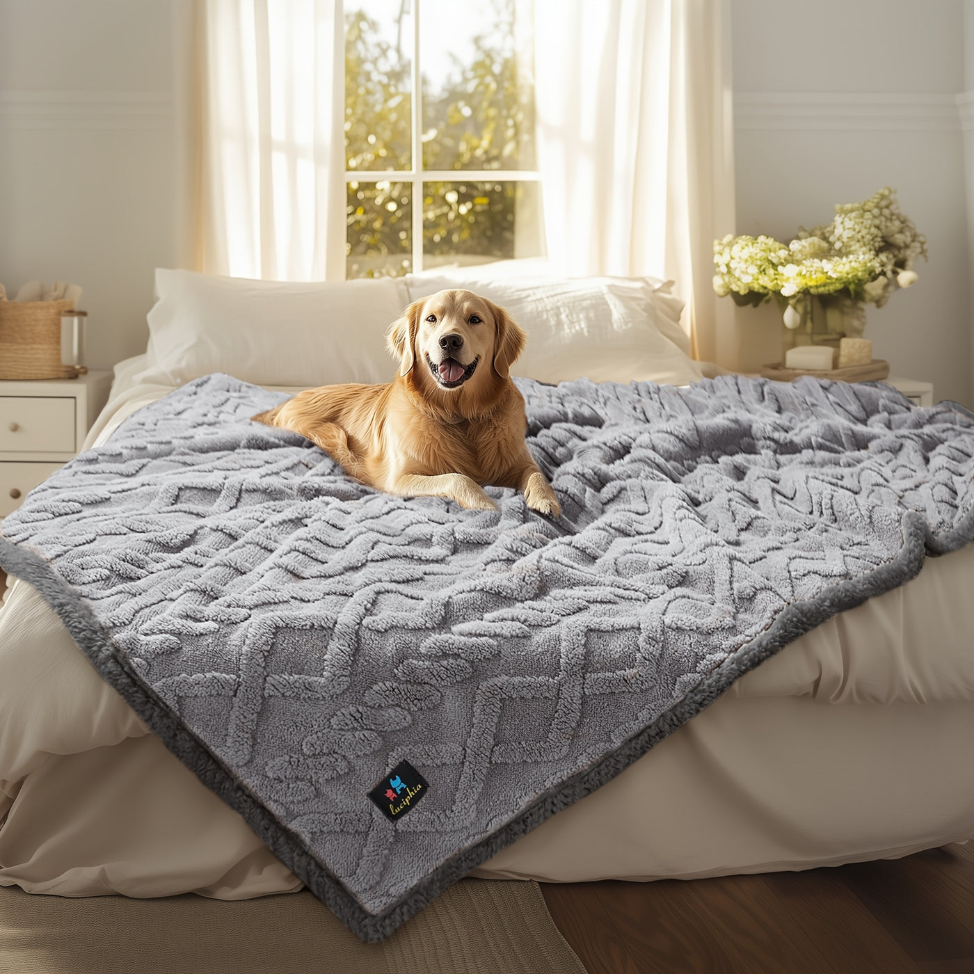 Sherpa Fleece Dog Blanket Liquid Proof for Sofa & Bed - Reversible Pet Throw Blanket Furniture Protector for Small Medium Large Dogs & Cats, Machine Washable, Light Gray Khaki Beige Dark Gray