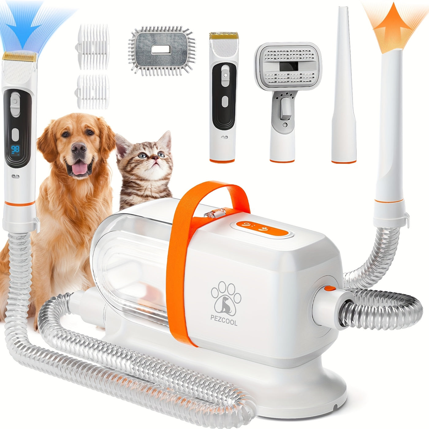 8-in-1 Pet Grooming Vacuum & Dog Hair Vacuum 12000Pa – Low Noise, 3 Suction Levels, 6 Grooming Tools, 74.39oz Large Dust Cup for Shedding Dogs & Cats | Orange & Purple
