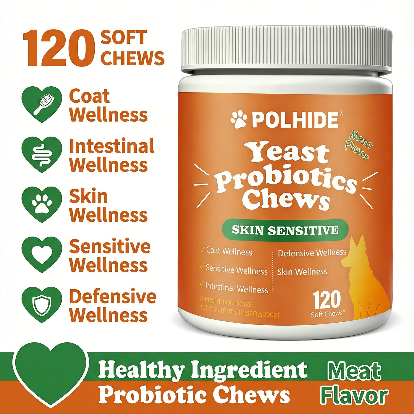 Yeast Probiotic Chews for Dogs – 90-Day Supply, 120 Meat Flavor Soft Chews, Supports Coat & Gut Health, Sensitive Skin & Defensive Wellness, All Ages