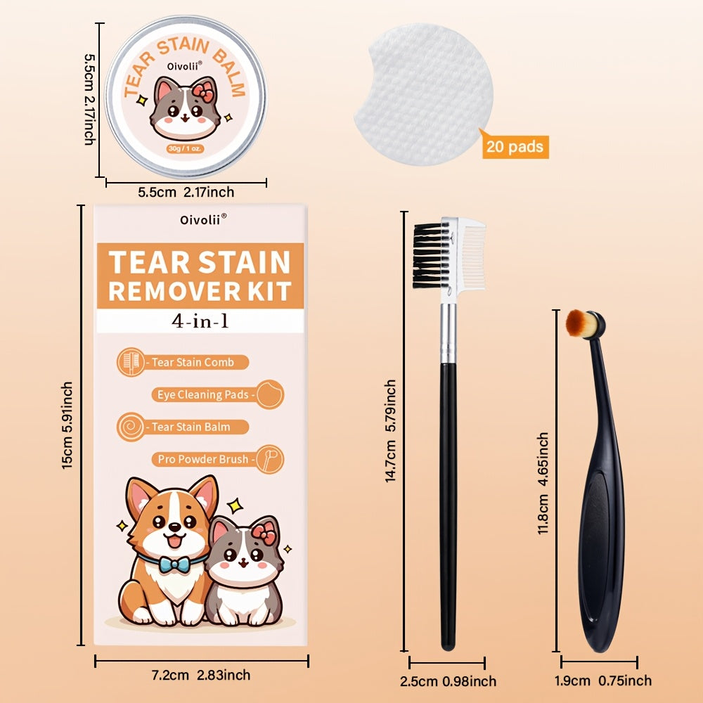 Dog Eye Tear Stain Remover Kit 4-in-1 – Brush, Cream, Wipes & Comb for Pet Eye Cleaning and Tear Duct Care