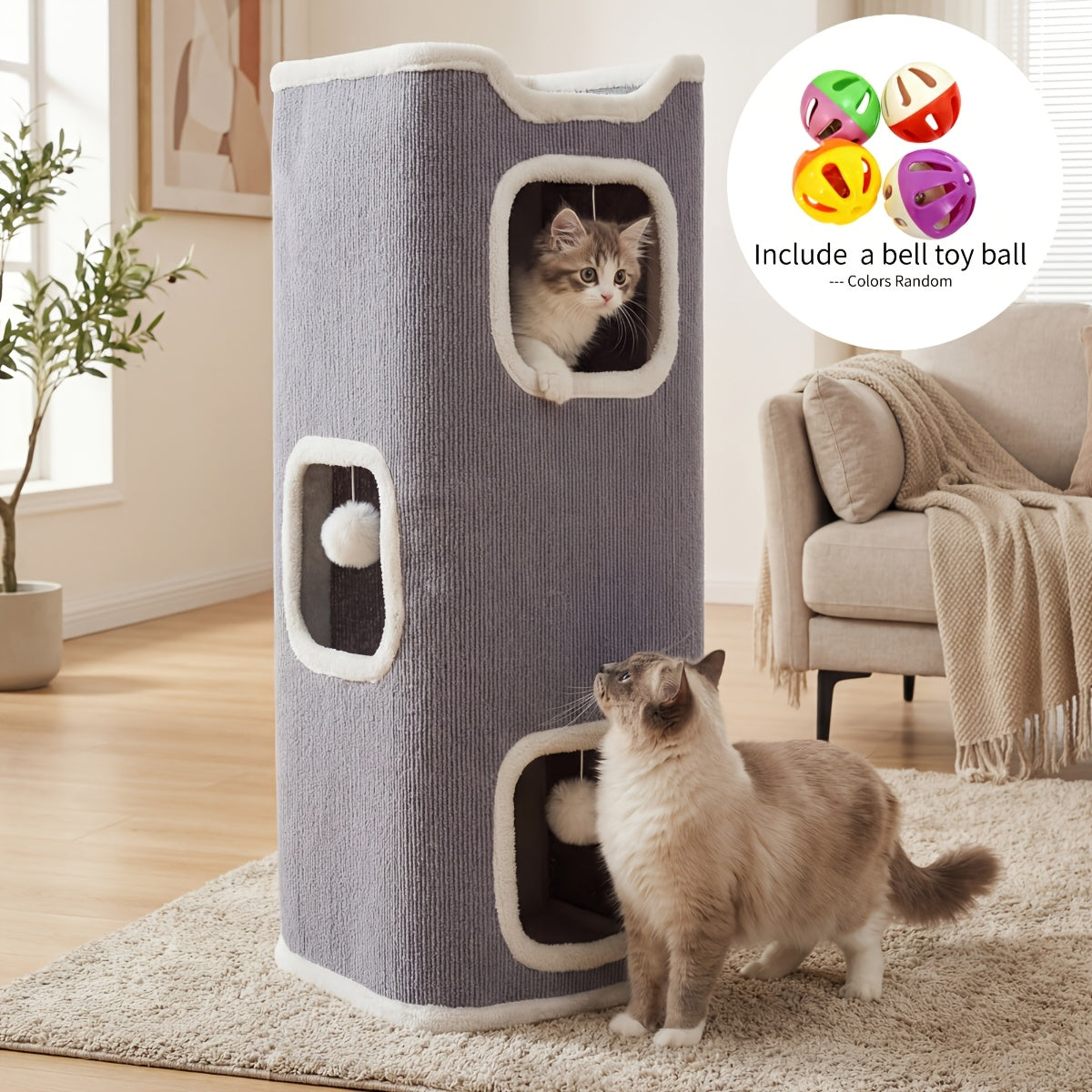 Multi-Level Foldable Cat Tree Tower for Indoor Cats – Cat Condo with Hanging Toy Balls, Cozy Top Bed & Scratch-Resistant Felt, 1/3/4 Tier