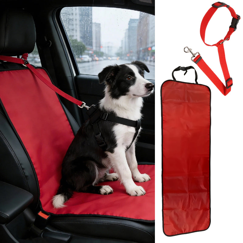 Dog Car Seatbelt Tether & Anti-Scratch Mat Set 2PCS – Adjustable Pet Travel Restraint with Seat Cover for SUVs & Sedans, All Vehicle Models
