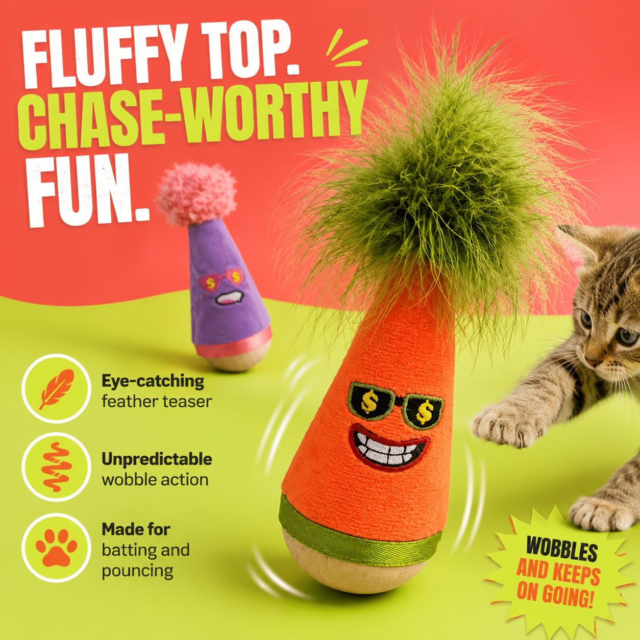 Catnip Wobble Feather Cat Toy with Mint Powder - Interactive Hunting Chase Toy for Kittens & Adult Cats Self-Play Indoor Exercise