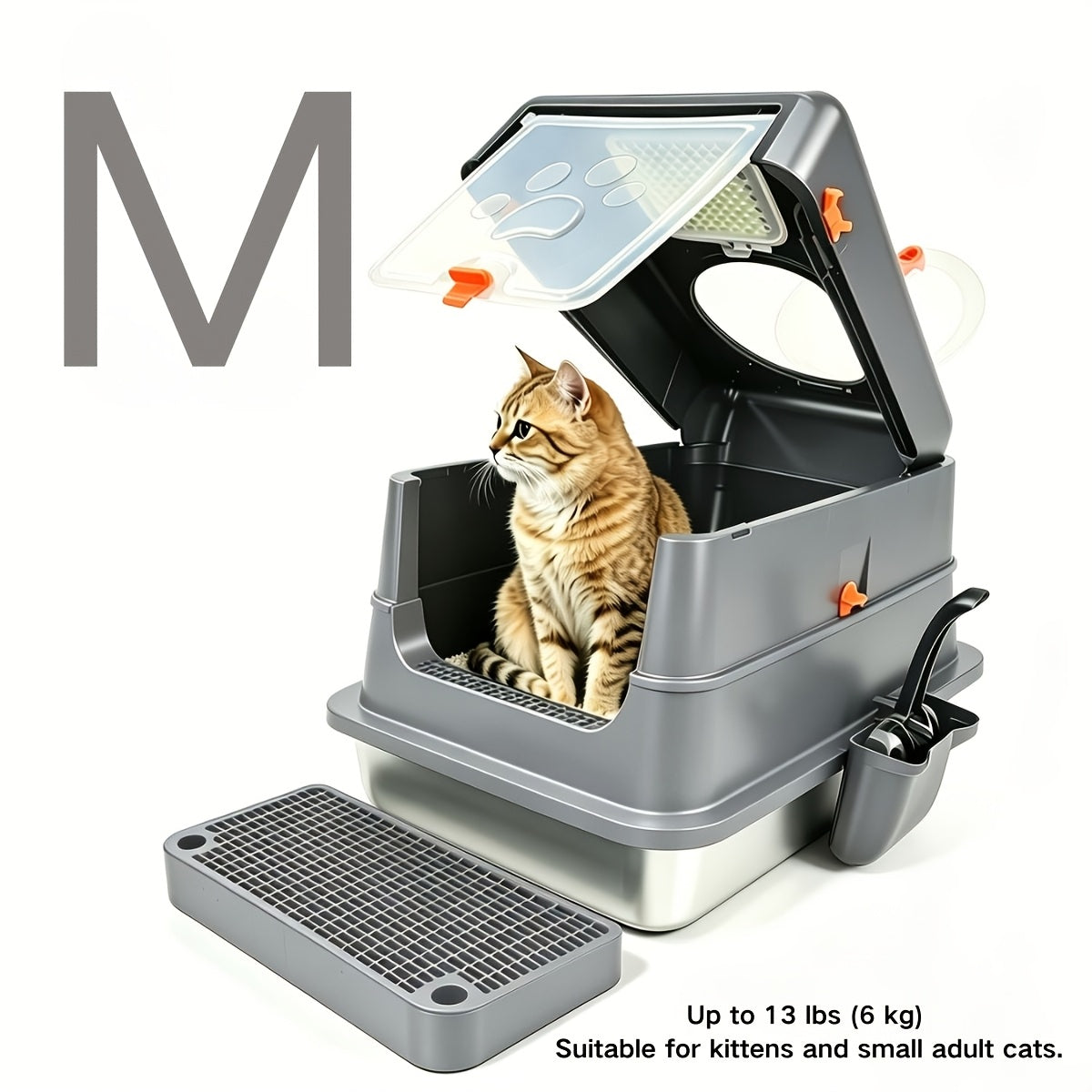 Stainless Steel Cat Litter Box XL Enclosed Odor-Proof with Scoop Step Pedal & Carbon Deodorizer for Large Cats