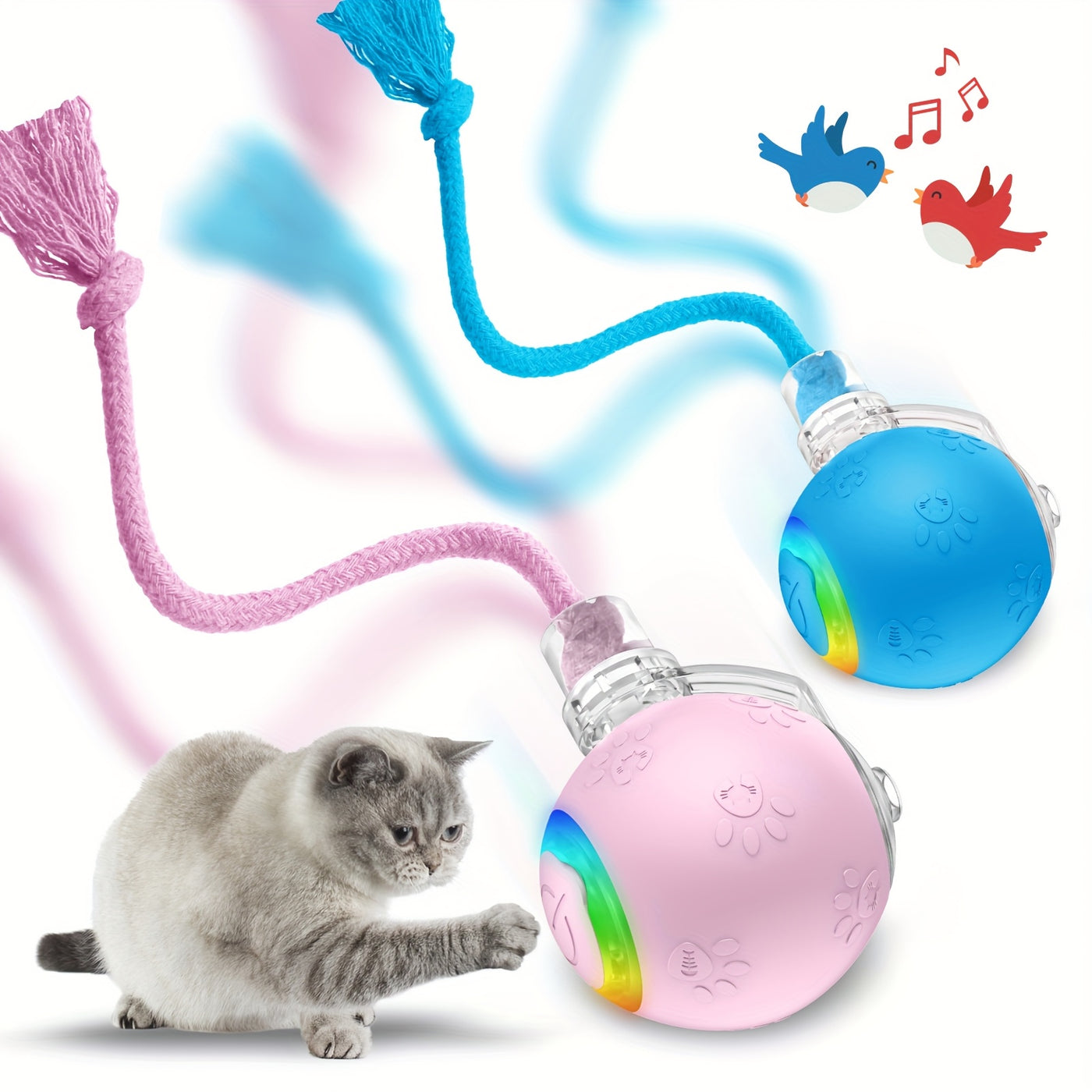 Motion-Activated Smart Cat Toy 2-Pack USB Rechargeable with Bird Sounds Colorful Lights - Interactive Self-Play for Indoor Cats & Kittens