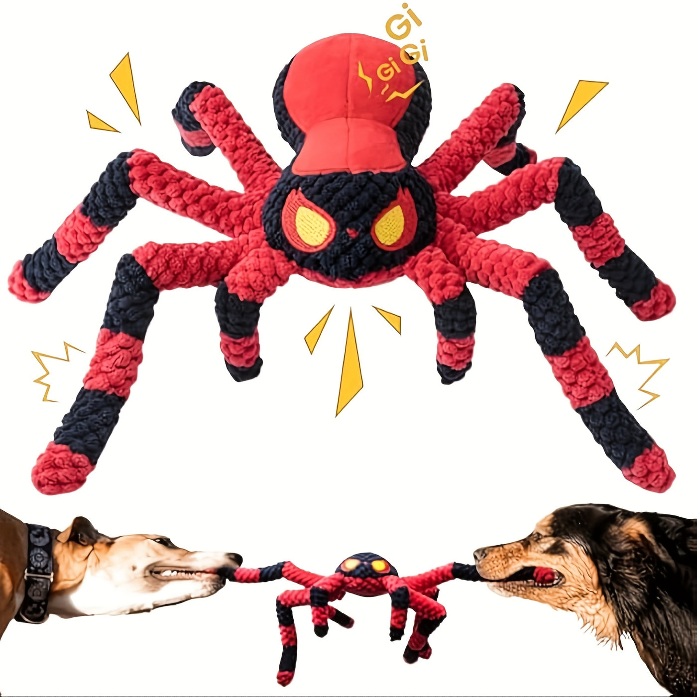 Squeaky Spider Dog Toy – Large Interactive Crinkle Tug of War Toy to Keep Dogs Busy, No Battery Needed, Funny Plush Dog Toy for Puppies & Large Breeds, Red & Blue