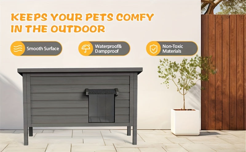 Outdoor Cat House Insulated Waterproof – 6-Side Foam Insulated Solid Wood Feral Cat Shelter with Feeding Station, Fits 2-3 Cats, 34.4"L×21.7"W×27.2"H