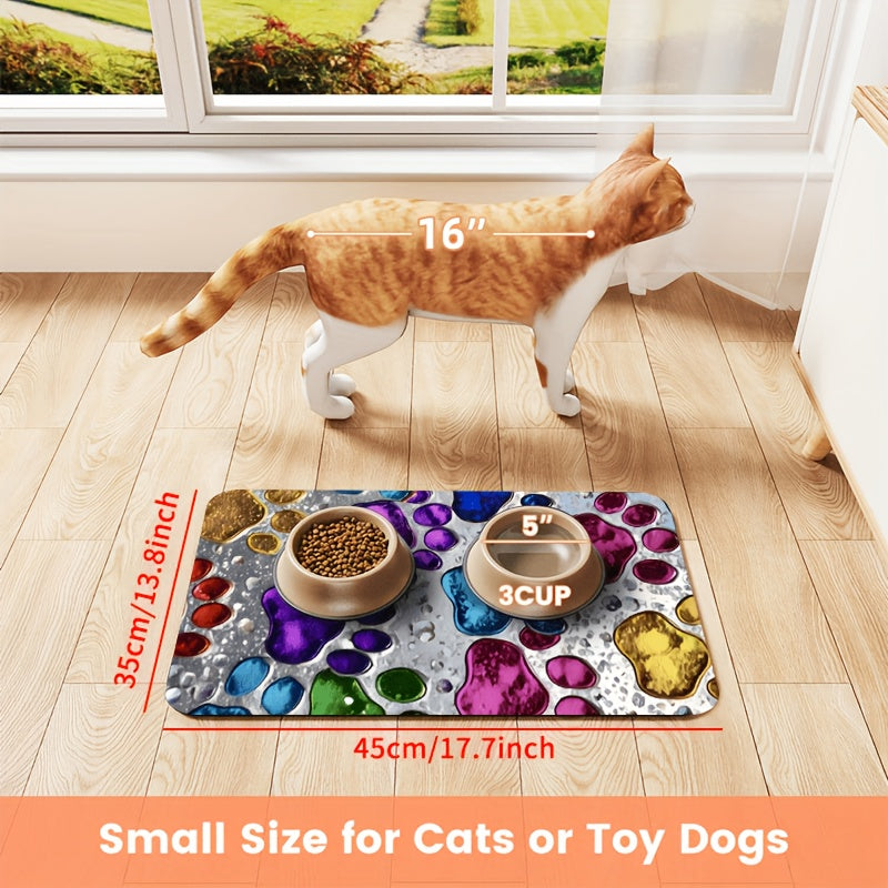 Pet Feeding Mat Absorbent Splash-Proof Non-Slip – Quick-Dry Heavy-Duty Floor Protector for Dogs & Cats, Colorful Paw Pattern, S/M/L/XL