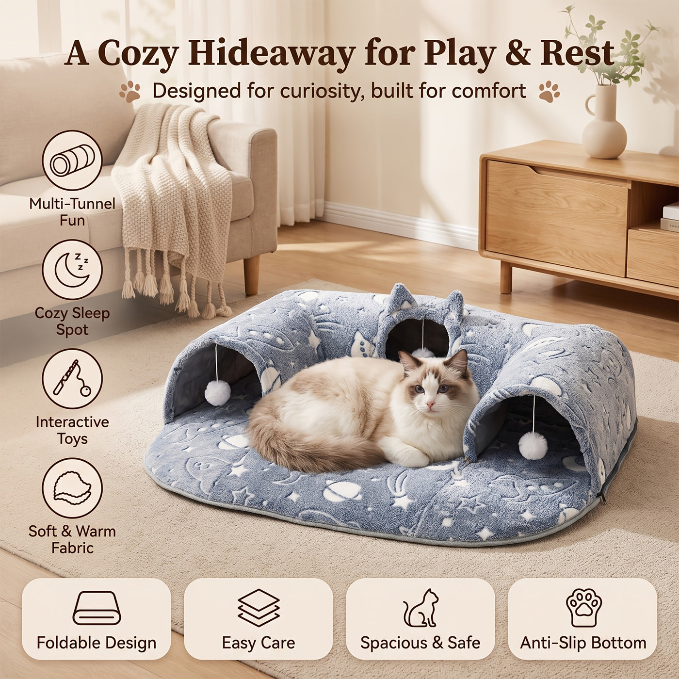 Cat Tunnel Bed with Memory Foam & Glow-in-the-Dark Stars - Detachable Plush Cat Condo, 3D Support, Hanging Ball, Machine Washable Pet Nest for Indoor Cats, 29.5x21.6in