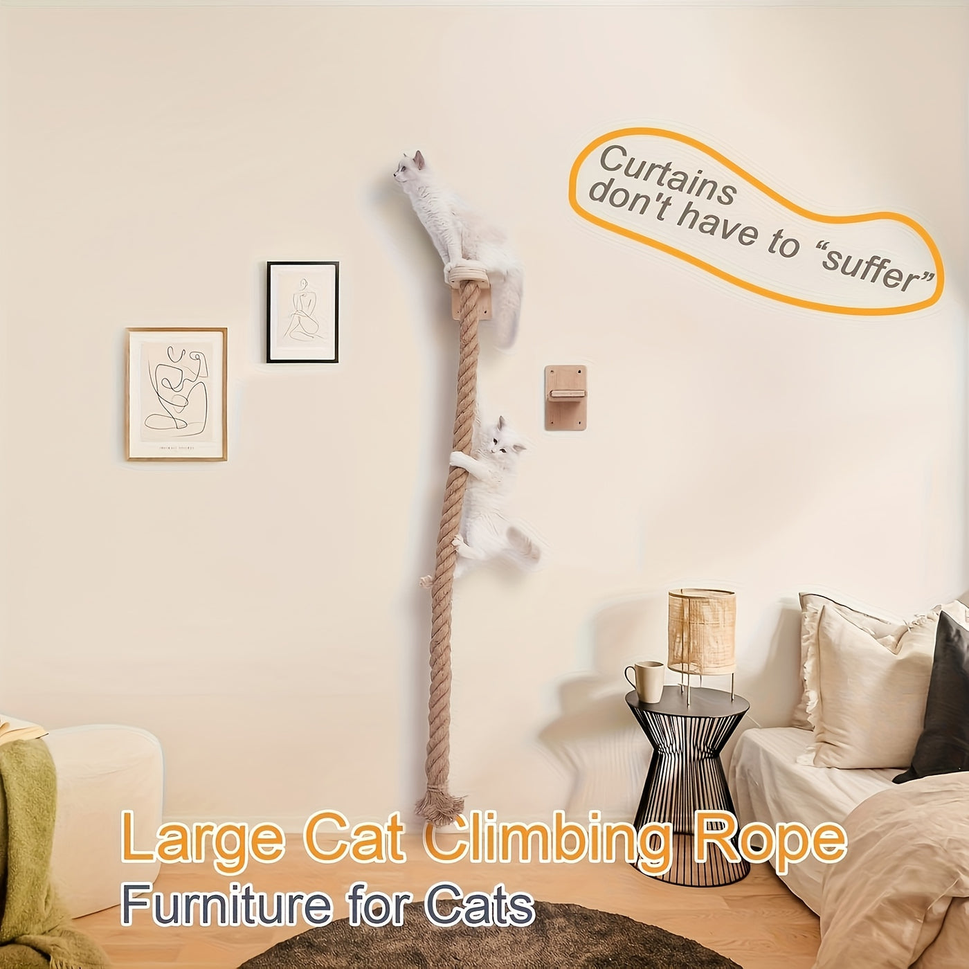 Wall-Mounted Cat Climbing Rope & Jumping Platform – Natural Hemp, Space-Saving Cat Wall System Accessory for Indoor Cats & Kittens, 2 Styles