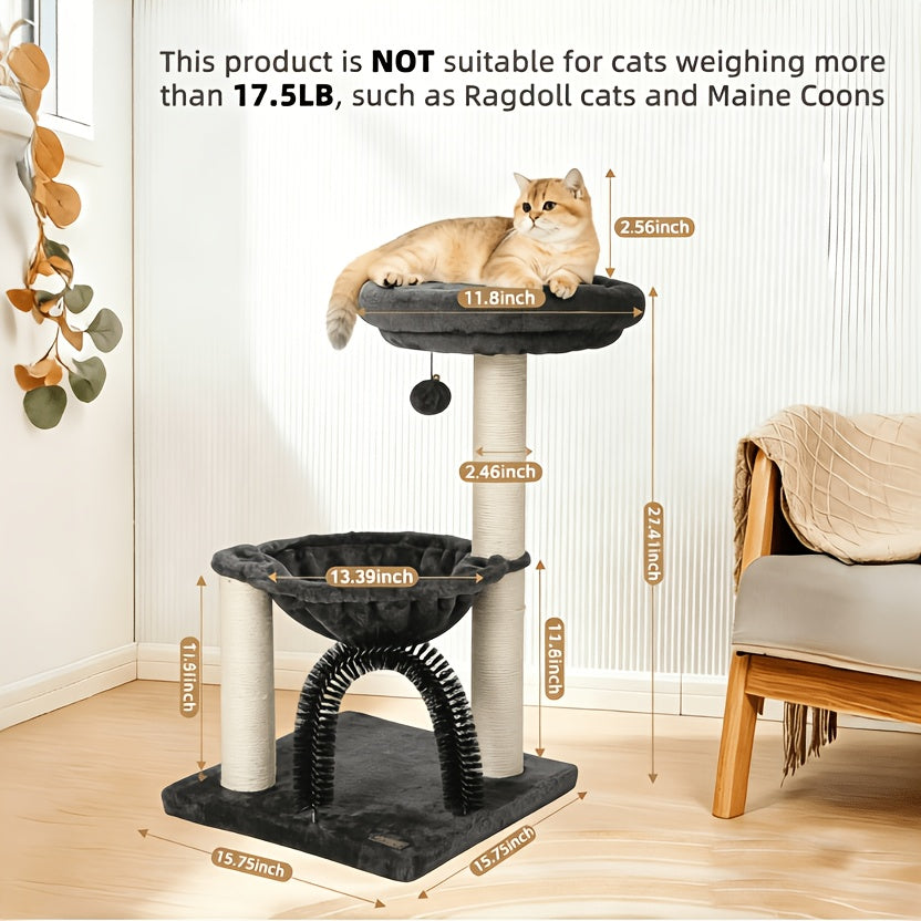 Cat Tree Tower 27.8" for Indoor Cats – Multi-Level Scratching Post with Plush Basket, Perch & Dangling Ball for Kittens and Small Cats, Grey