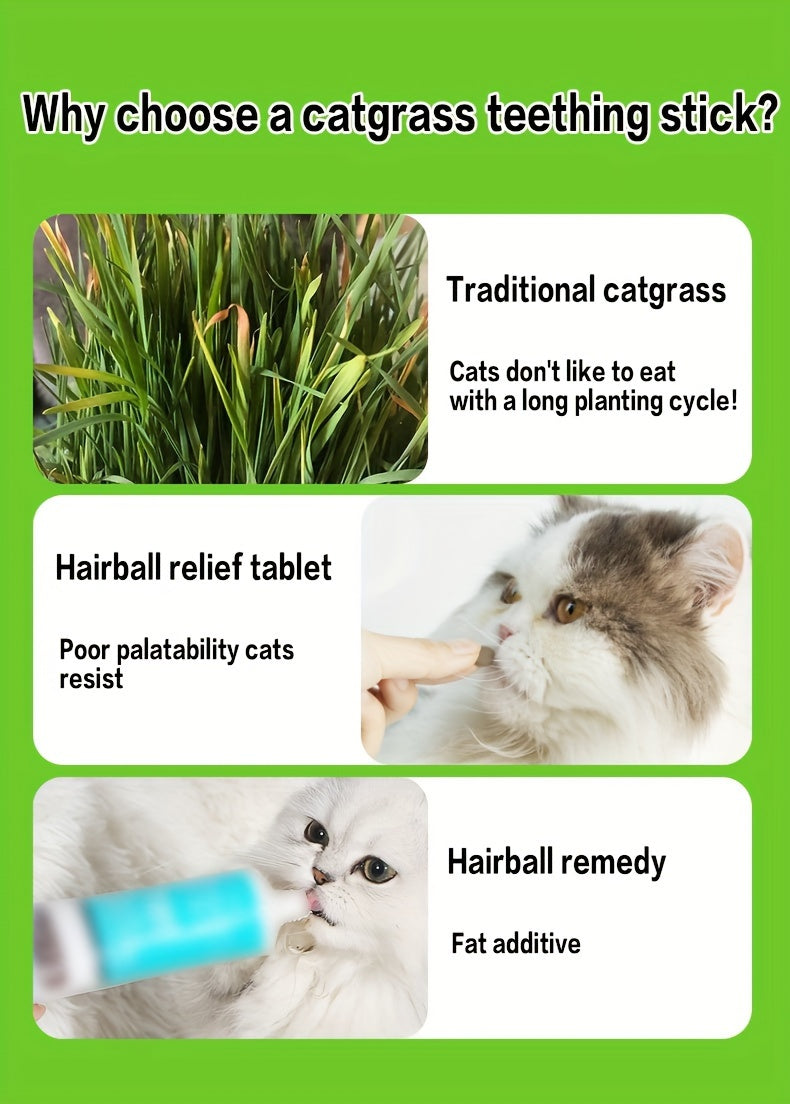Cat Grass Sticks for Hairball Control – Freeze-Dried Catnip Treats with Instant Granules & Hair Cream Tablets for Indoor Cats | 15pcs / 3x5pcs Pack