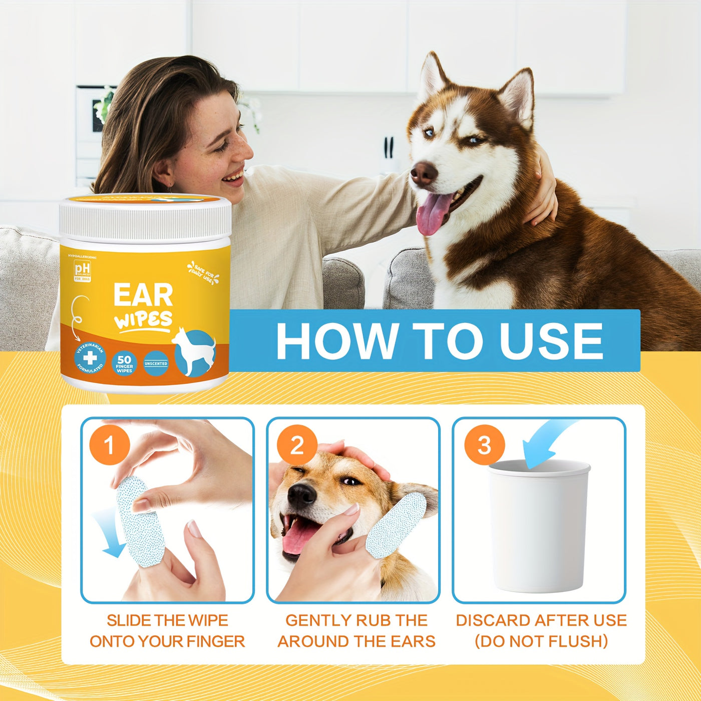 Pet Grooming Wipes for Dogs & Cats - Dental Wipes, Ear Wipes, Eye Wipes & Teeth Cleaning Kit, Coconut Scent, Soothing & Deodorizing for All Breed Sizes