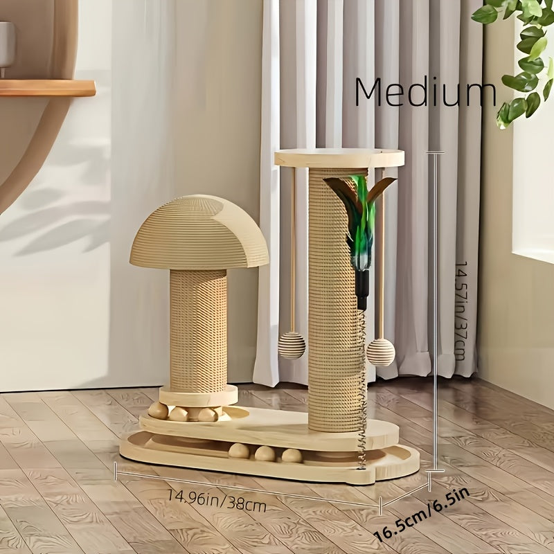 Cat Scratching Post Mushroom Shape – Solid Wood Sisal Scratcher with Wide Stable Base, Claw Maintenance & Climbing for Kittens and Cats, M or L