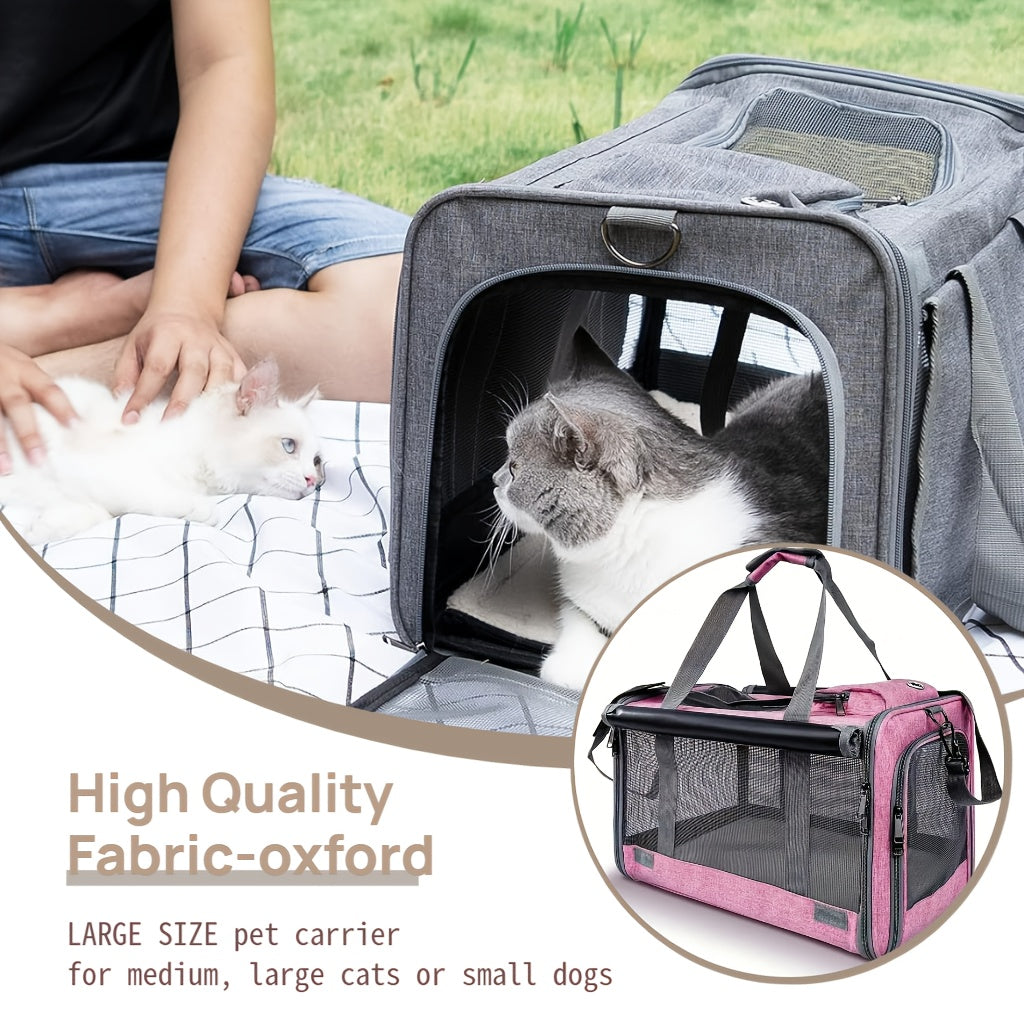 Airline Approved Soft-Sided Pet Carrier for Medium Cats & Small Dogs – Breathable Collapsible Oxford Travel Bag with Zipper, Optional Combo with Collar & Tether