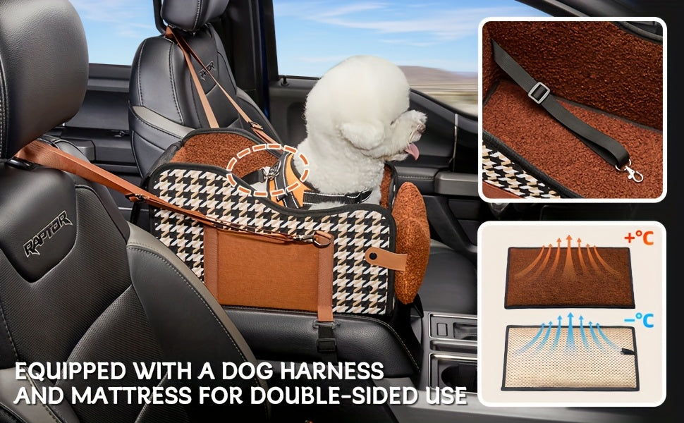 Center Console Dog Car Seat Booster – Portable Cozy Pet Car Seat for Small Dogs & Cats with Breathable Mesh Safety Harness Soft Padding, Universal Armrest Fit