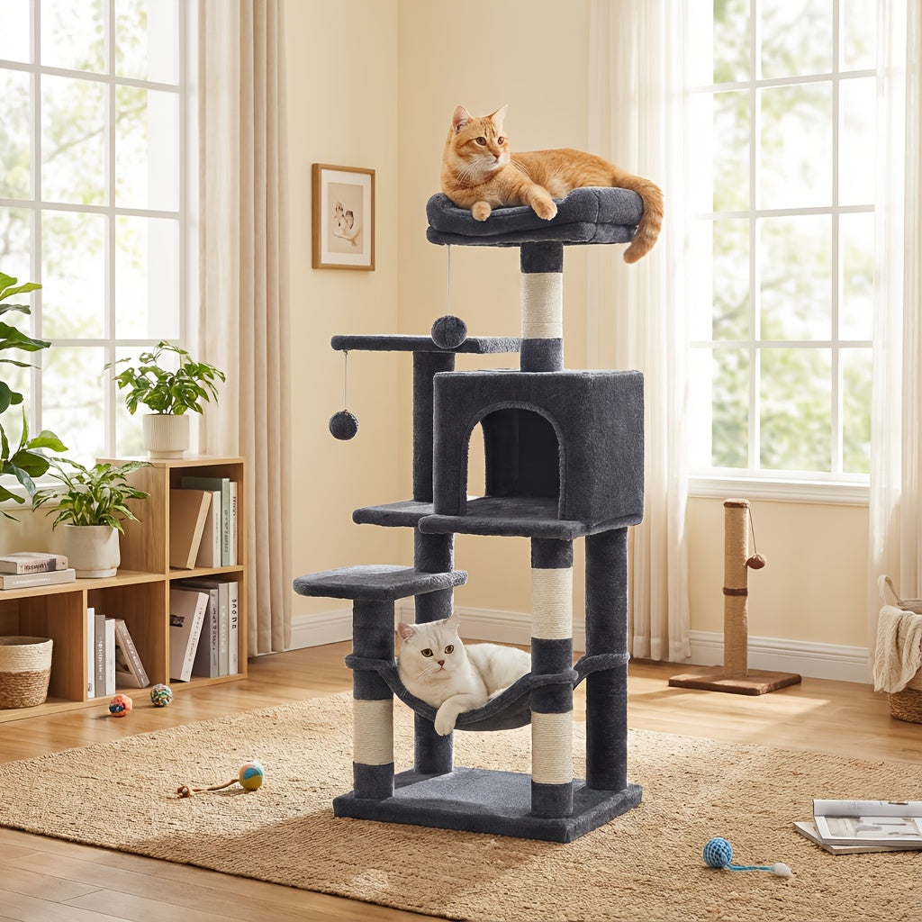 Multi-Level Cat Tree Tower with Cave & Plush Hammock - 44/66/79in Tall Cat Condo, 4 Sisal Scratching Posts, 2 Perches, Anti-Tilt, Pompom Toys for Multi-Cat Families, 5 Colors