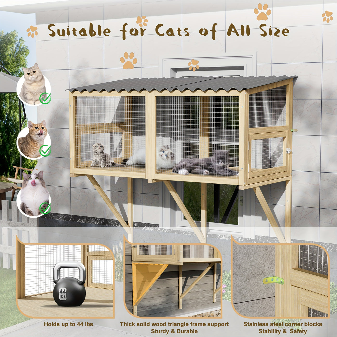 Cat Catio Window Perch Outdoor Enclosure for Large Cats - Wooden Window Box Hammock for Indoor Cats Sunbathing & Napping with 360° View, Rain-Proof Roof & Expandable Design