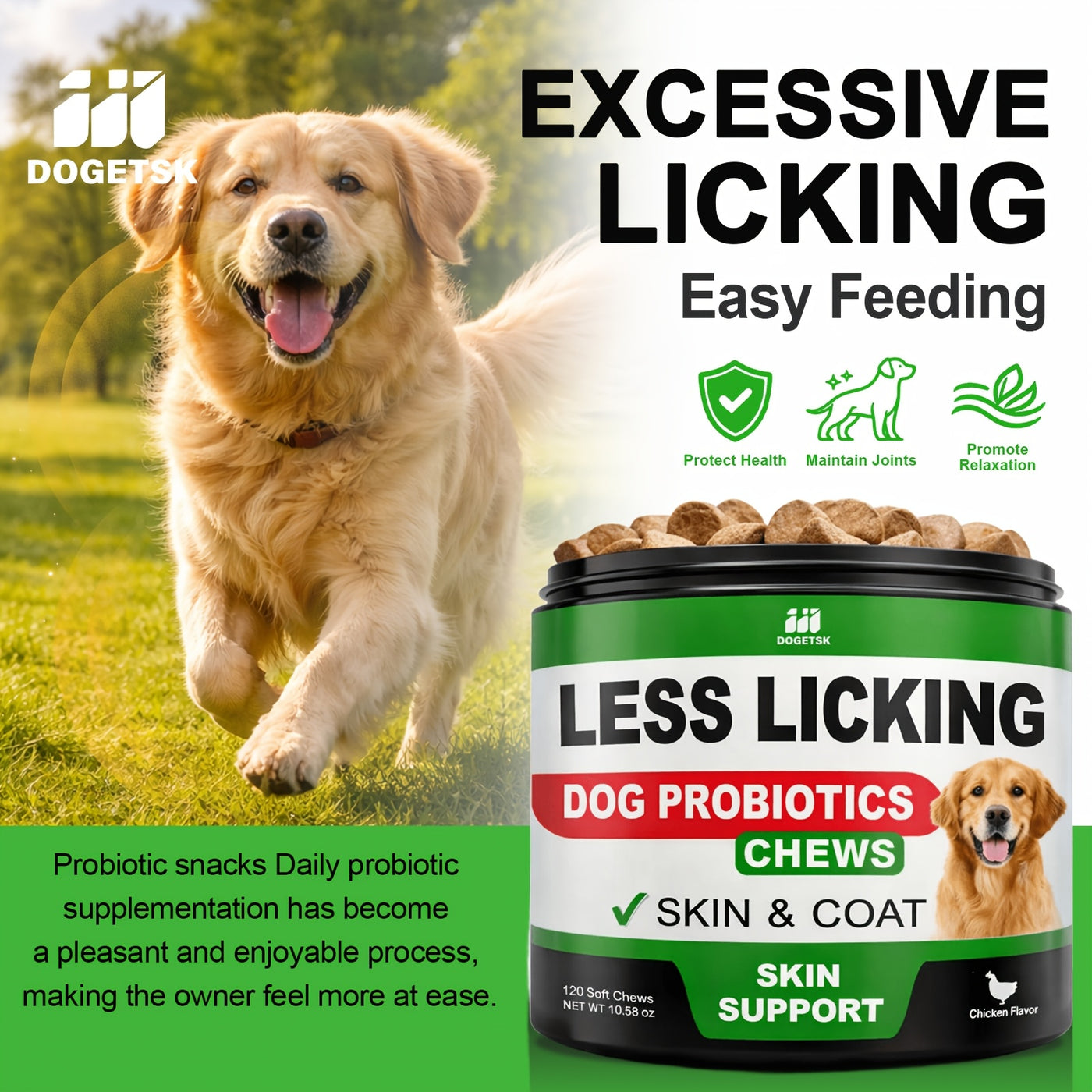 Dog Skin Health Chewing Tablets – Chicken Flavor, Protects Skin Barrier, Science-Backed Formula for Golden Retrievers, Border Collies & All Breeds