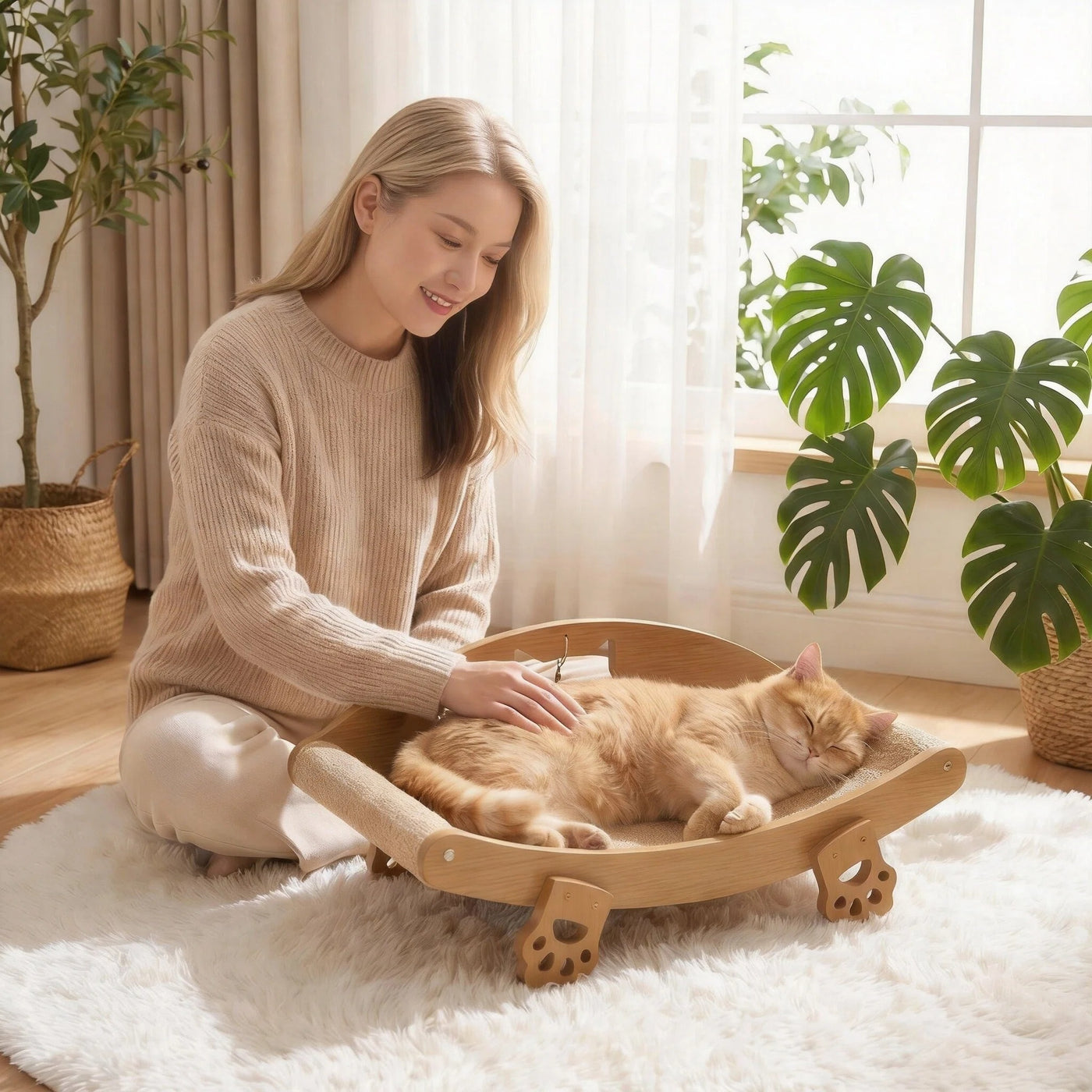 Sisal Cat Scratcher Lounge Chair with Hanging Ball Toy – Solid Wood Curved Cat Bed & Scratching Pad, Furniture Protector for Indoor Cats