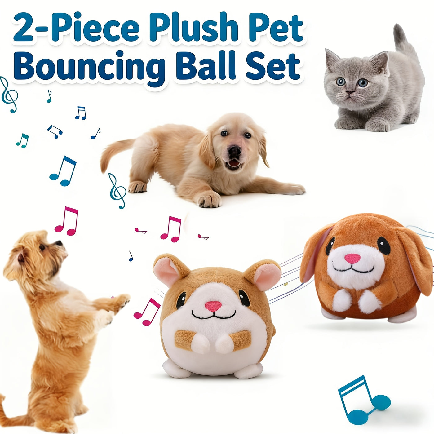 Rolling Bouncing Dog Toy with Motion Sensor & Animal Sounds – USB Rechargeable, Recording Mode, Washable, for Puppies & Small Dogs, Single or 2-Pack