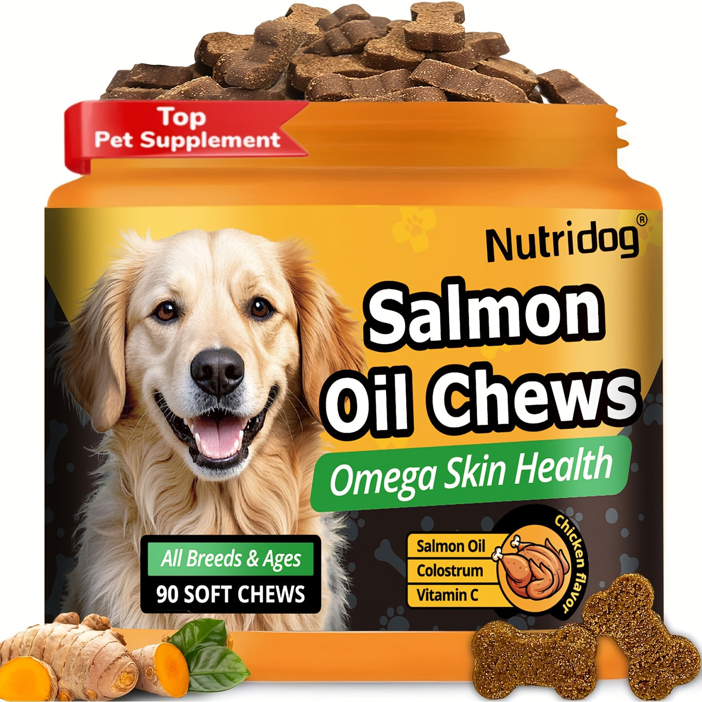 Dog Supplement Chews 90ct with Probiotics and Salmon Oil – Coat and Gut Health Chicken Flavor Soft Chews for All Ages