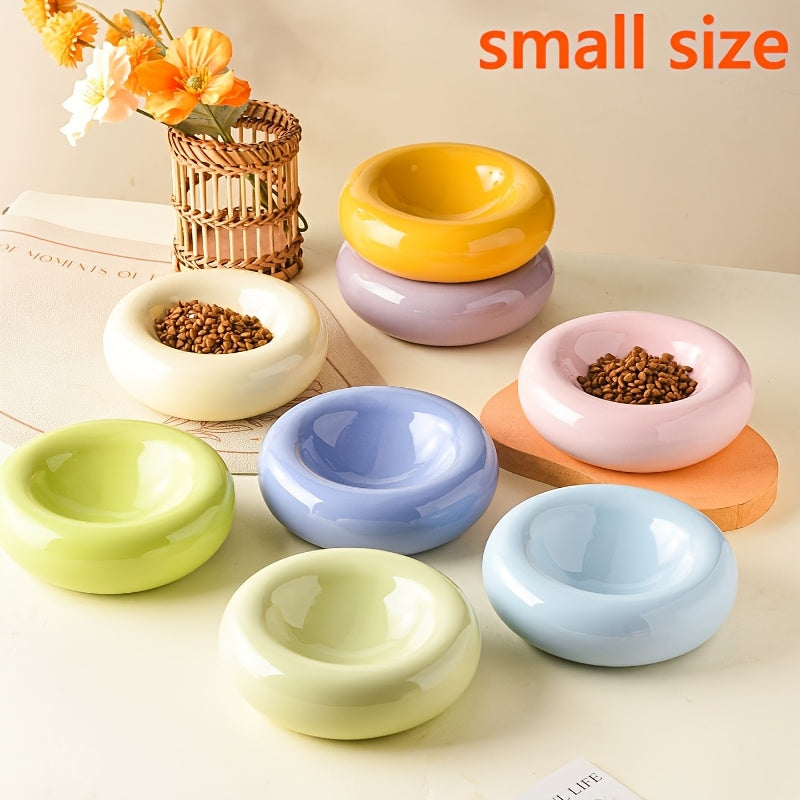 Donut Shaped Ceramic Cat Bowl Wide Opening – Anti-Tip Minimalist Pet Food & Water Dish with Stable Base, 4.92 Inch, 8 Colors