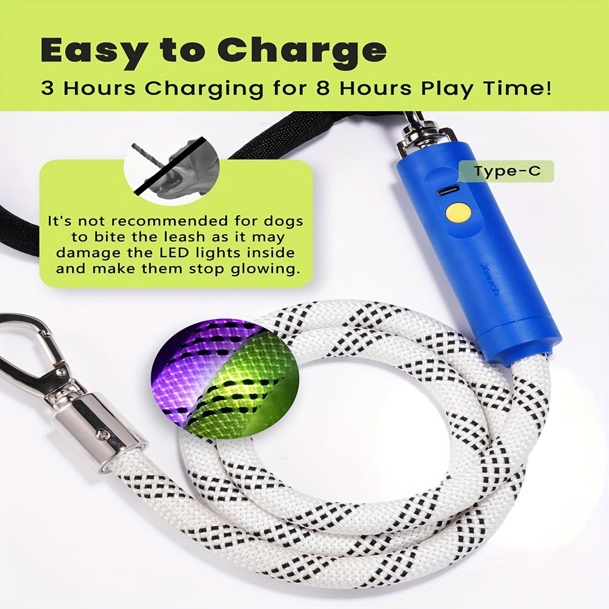 LED Light Up Dog Leash 4Ft Rechargeable with 13 Lighting Modes & Tangle-Free Hook for Night Walking - Glow in the Dark Safety Leash for Small Medium Large Dogs