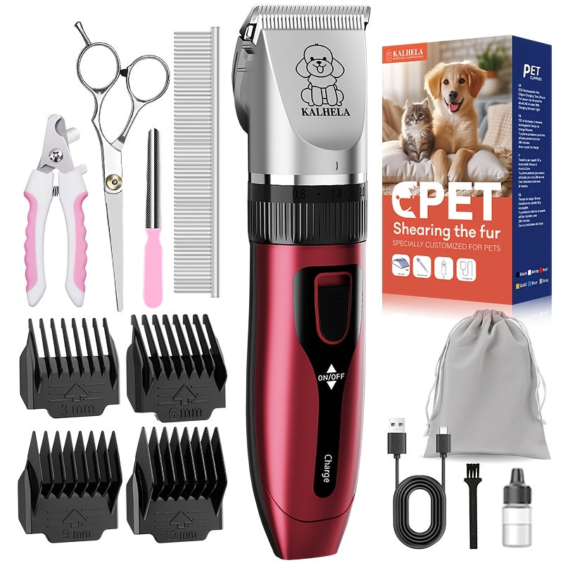 Rechargeable Pet Grooming Clippers with LED Display – Low Noise Cordless Dog & Cat Hair Trimmer, Detachable Blades, 4 Guide Combs, USB Charging