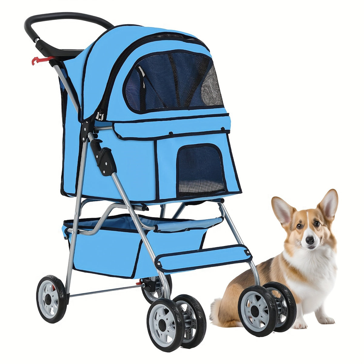 4-Wheel Pet Stroller for Cats & Dogs – Portable Breathable Stroller with Storage Basket & Cup Holder for Outdoor Walks | Black, Blue, Pink, Purple, Red