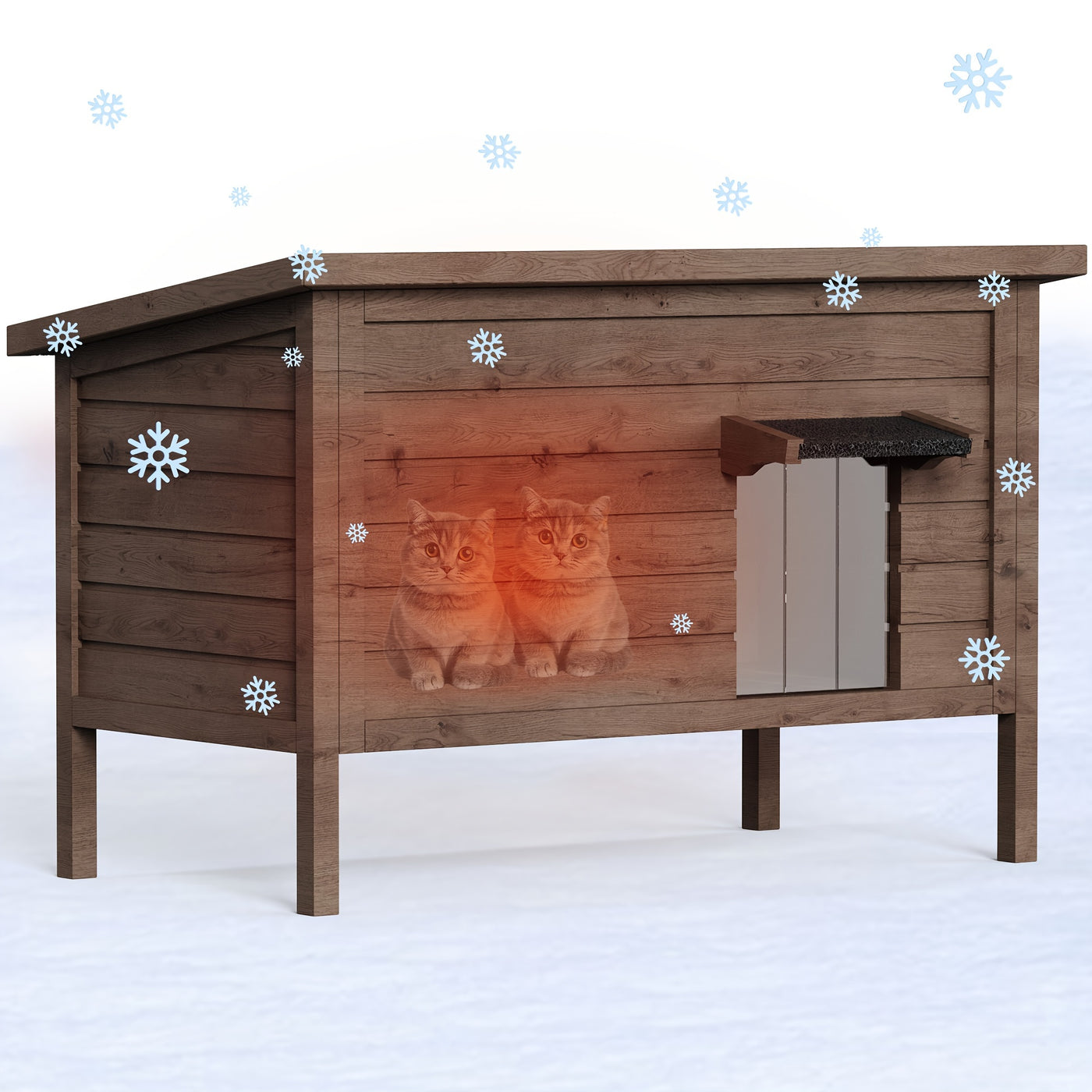 Outdoor Cat House Insulated Waterproof – 6-Side Foam Insulated Solid Wood Feral Cat Shelter with Feeding Station, Fits 2-3 Cats, 34.4"L×21.7"W×27.2"H