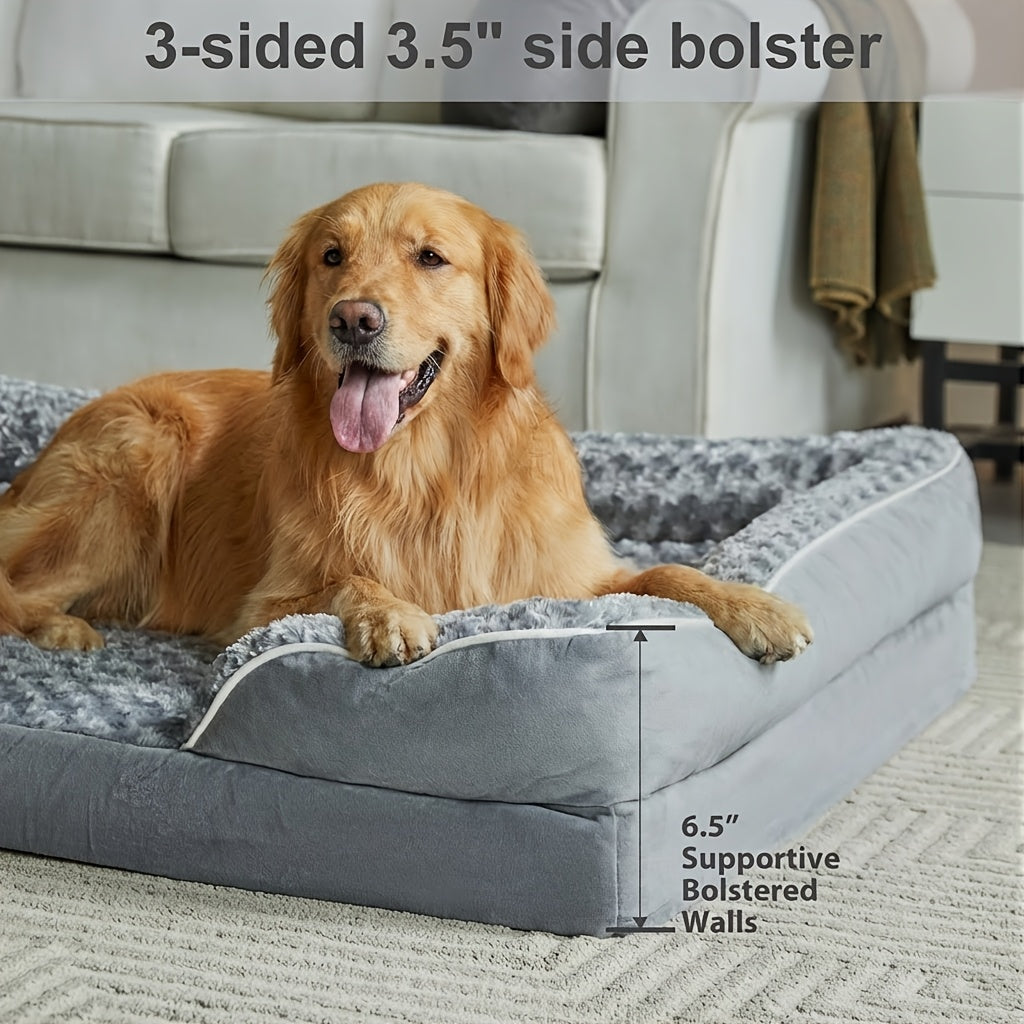 Orthopedic C-Shape Dog Sofa Bed for Extra Large Dogs – 3.5" Bolster, Plush Washable Removable Cover & Nonslip Bottom, Gray