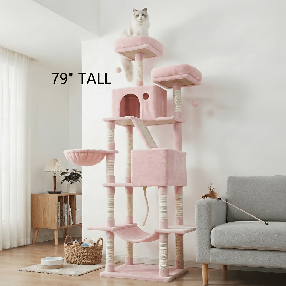 Multi-Level Cat Tree Tower with Cave & Plush Hammock - 44/66/79in Tall Cat Condo, 4 Sisal Scratching Posts, 2 Perches, Anti-Tilt, Pompom Toys for Multi-Cat Families, 5 Colors