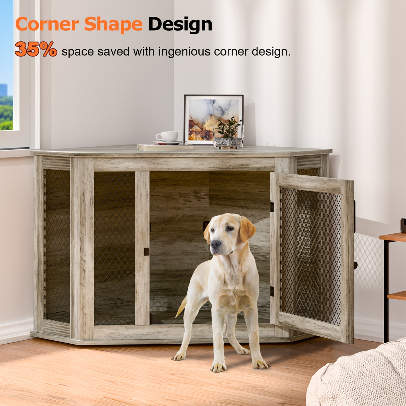 Wooden Dog Crate Furniture End Table with Mesh Door – Indoor Pet Kennel Side Table for Small Medium Dogs, 2 Sizes Brown Grey White