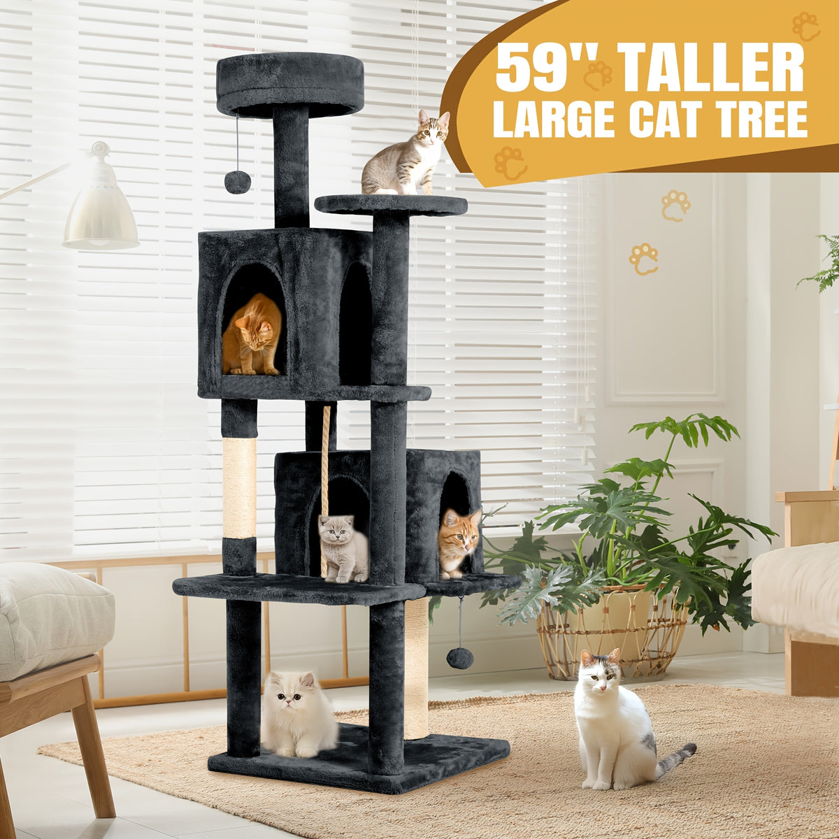 59-Inch Large Cat Tree Tower for Indoor Cats - Multi-Level Plush Perches, Sisal Scratching Posts & Hanging Ball Toy, Tall Cat Tower for Bedroom Living Room