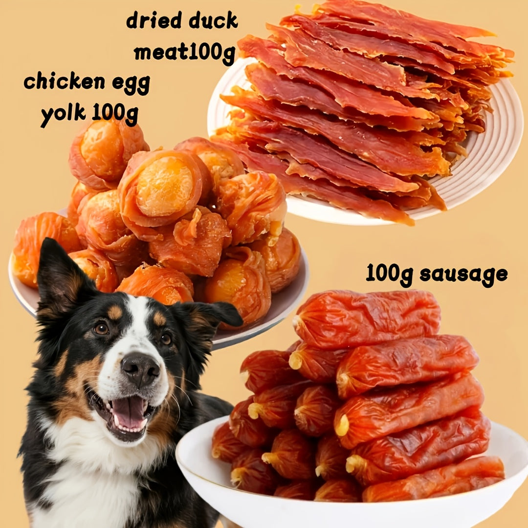 Dog Treats Gift Set – Chicken Liver, Duck Jerky, Egg Yolk & Sausage Combo Packs, High Protein Low Fat Dental Health Training Rewards for Medium & Large Dogs