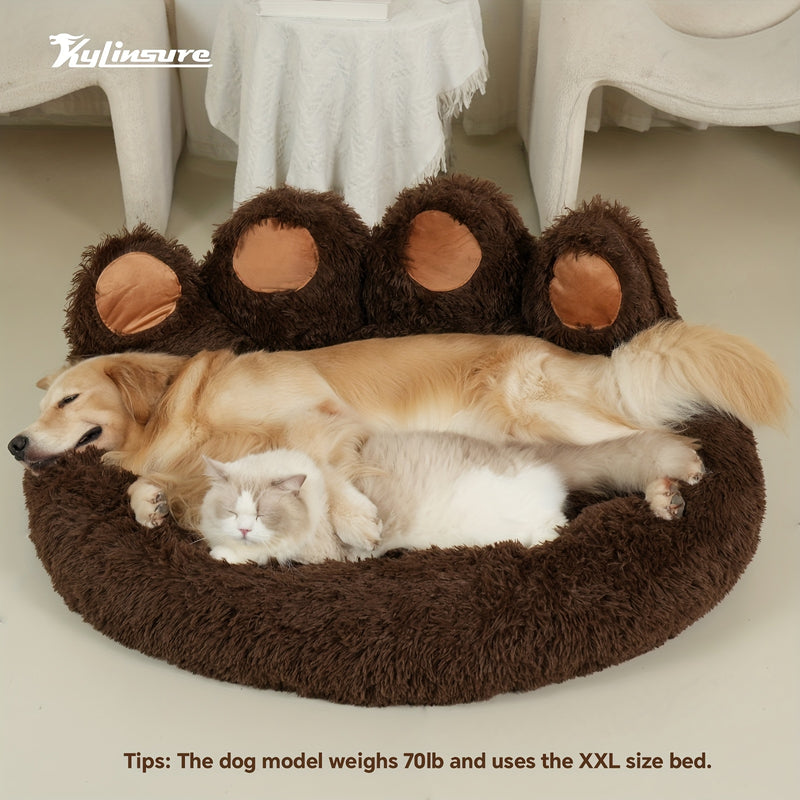 Calming Donut Dog Bed – Bear Paw Shaped Round Plush Pet Bed, Warm Soft Cushion for Dogs and Cats, Multiple Sizes with Bonus Pet Scarf