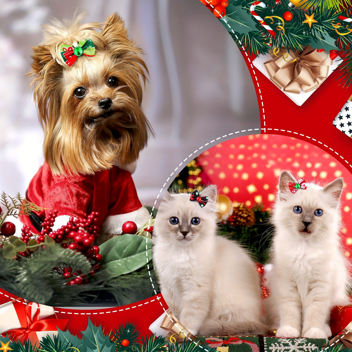 Christmas Dog Bows 100 Pack – Rhinestone Hair Bows with Bands for Dogs & Puppies, Santa Claus Christmas Tree Elk Snowflake Grooming Accessories, Holiday Pet Hair Bow Gift Set