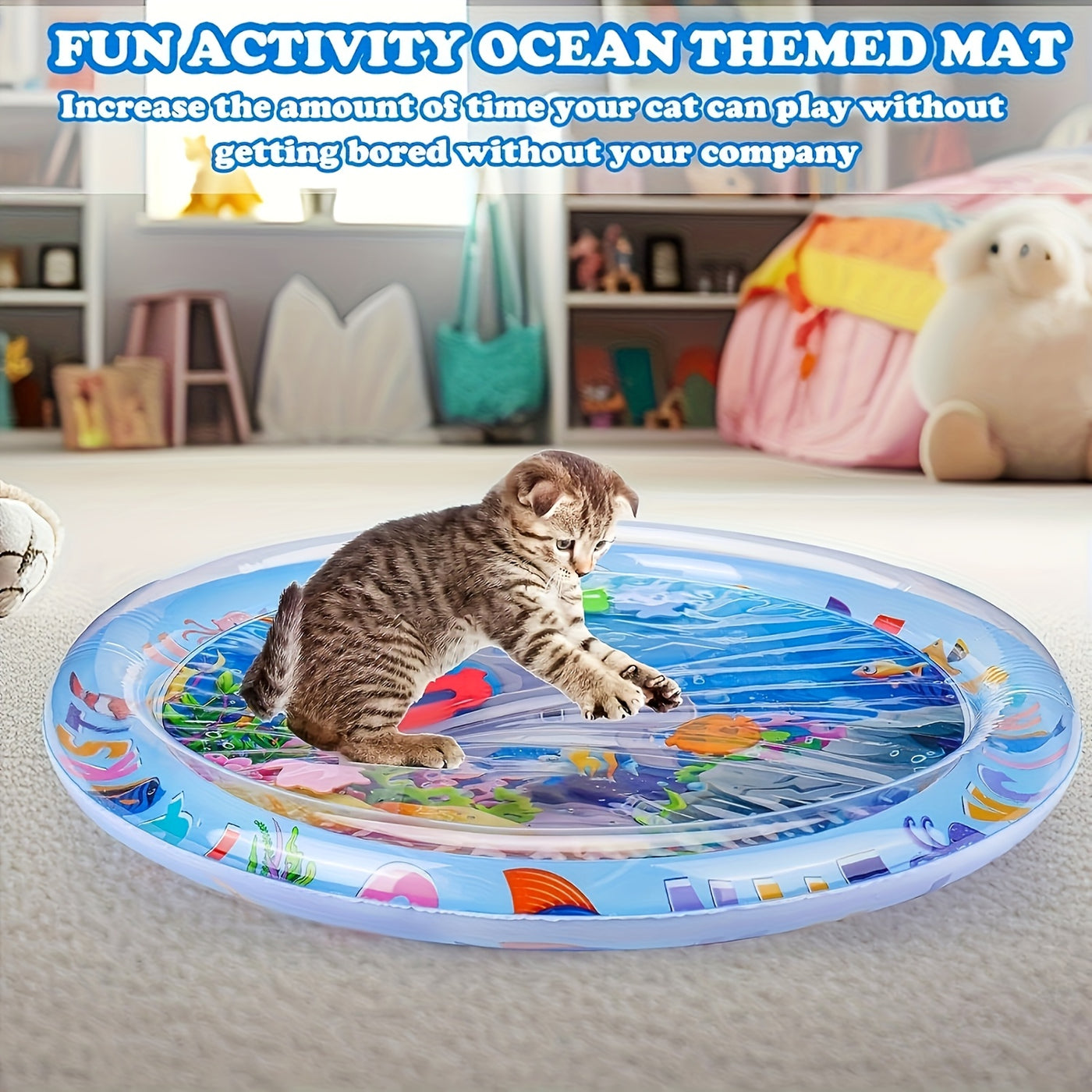 Interactive Water Play Cat Mat with Floating Fish – Splash-Proof PVC Indoor Cat Toy, Cartoon Pattern, No Battery Needed, Easy Tap Water Clean