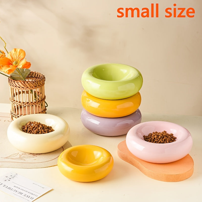 Donut Shaped Ceramic Cat Bowl Wide Opening – Anti-Tip Minimalist Pet Food & Water Dish with Stable Base, 4.92 Inch, 8 Colors