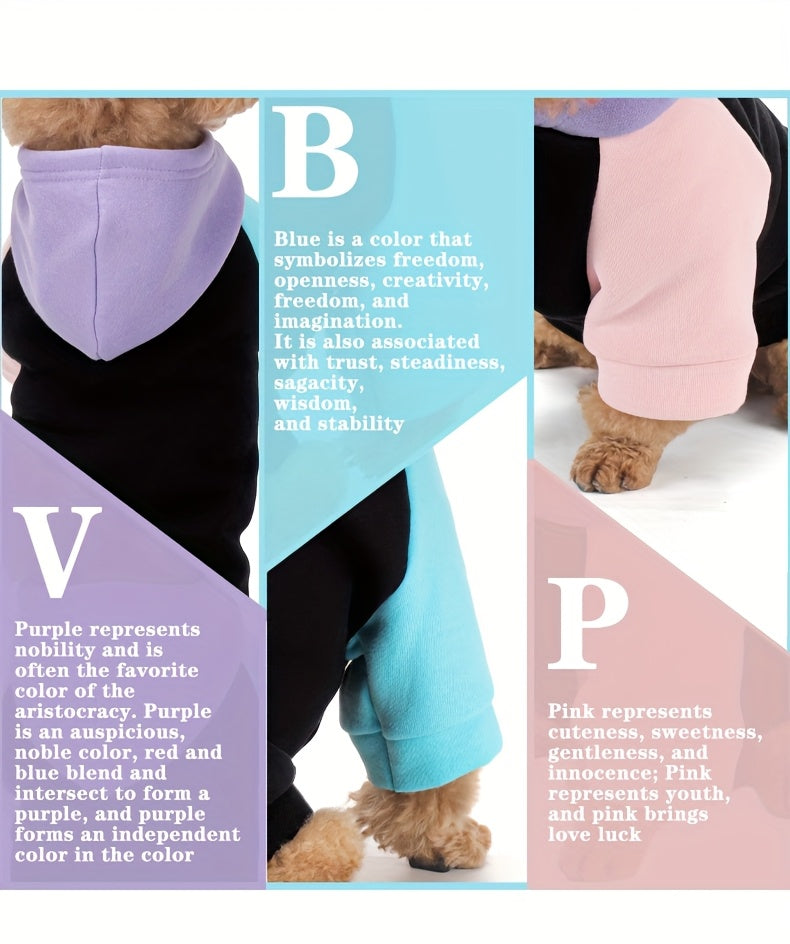 Dog Hoodie Cyber Punk Style Color-Block – Buttery Soft Knitted Polyester, Black Purple Peach, Adjustable Drawstring Hood, Ribbed Cuffs, Comfort Fit for All Breeds, Winter Spring Autumn