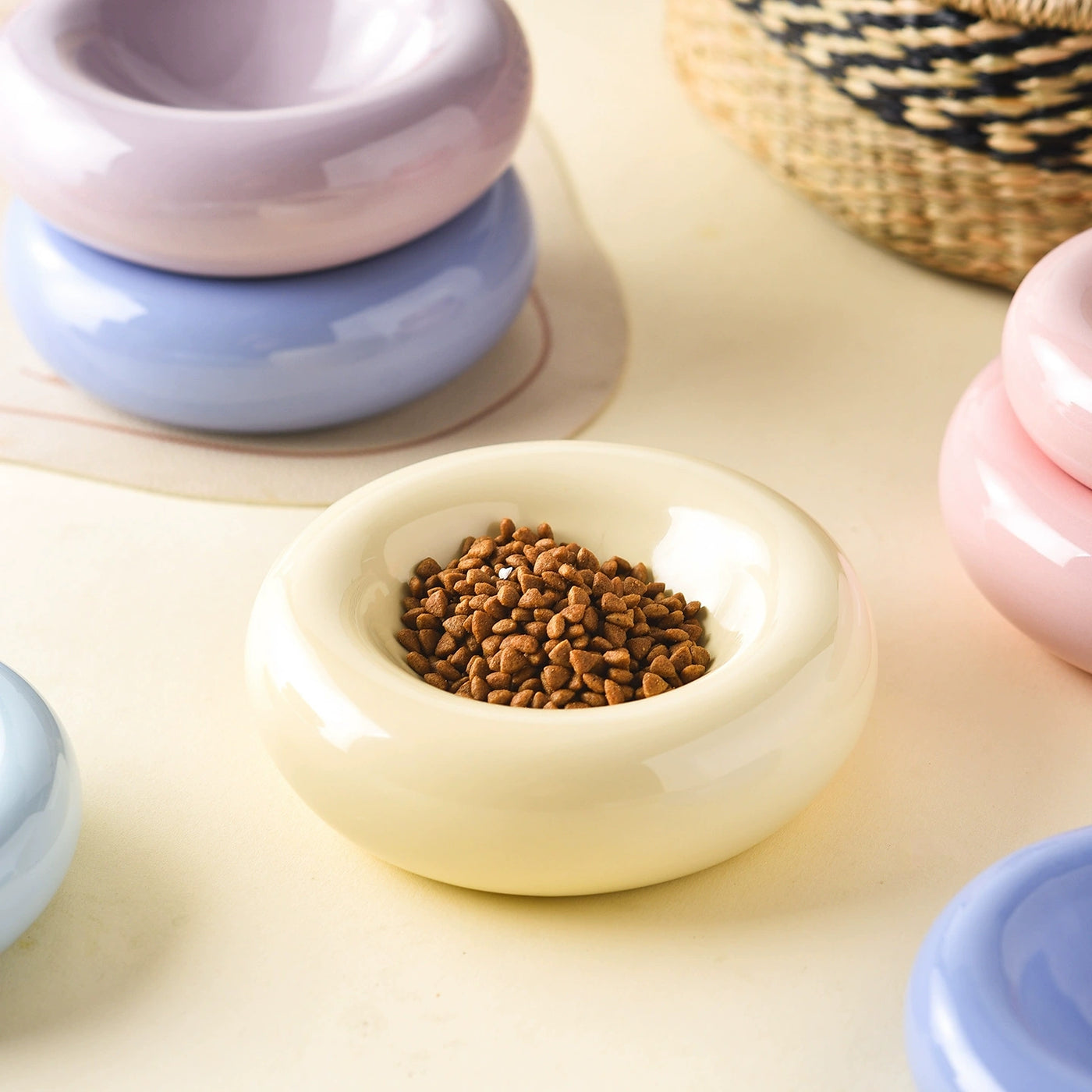 Donut Shaped Ceramic Cat Bowl Wide Opening – Anti-Tip Minimalist Pet Food & Water Dish with Stable Base, 4.92 Inch, 8 Colors