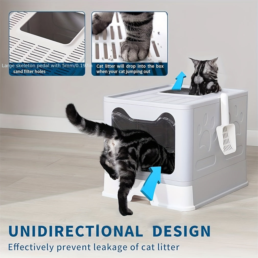 Large Top-Entry Cat Litter Box with Drawer Tray & Scoop - Odor Control Self-Cleaning Cat Toilet for Cats Up to 10kg, Modern Design Foldable Litter Box, Gray/Pink