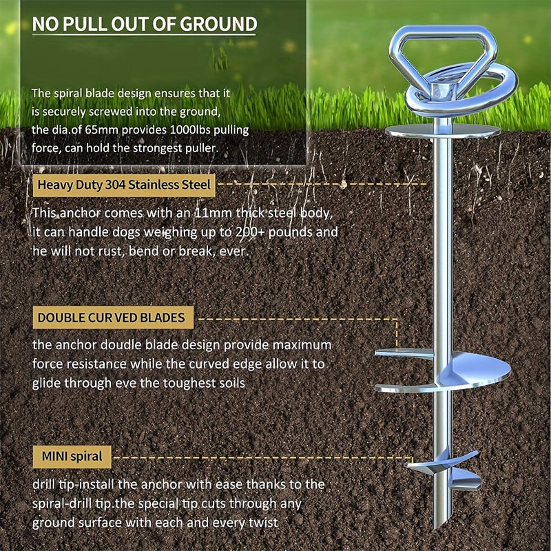 304 Stainless Steel Dog Tie-Out Stake with 360° Swivel – Heavy Duty Ground Anchor for Dogs Up to 200 lbs, Anti-Rust Spiral Stake for Camping, Beach & Yard