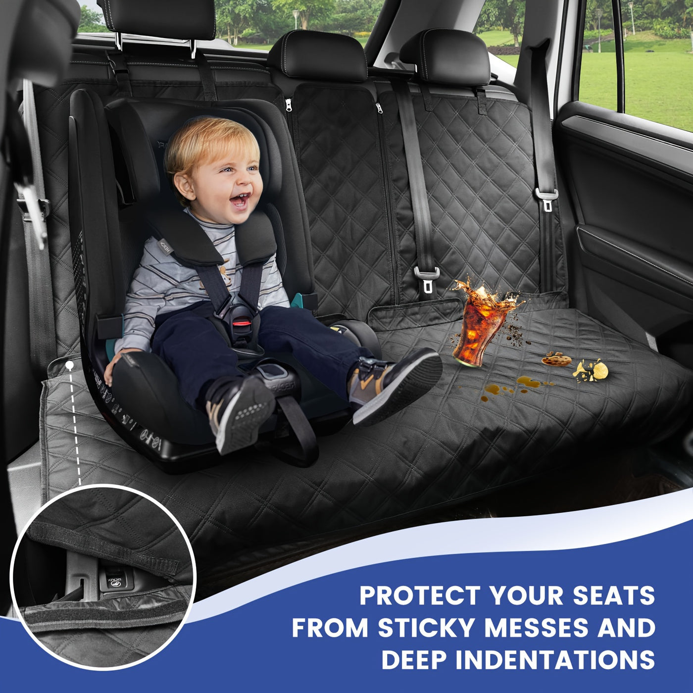 Car Back Seat Cover 60/40 Split Bench for Dogs & Kids – Waterproof Non-Slip 900D Seat Protector for Cars Trucks SUVs, Full Size 60" Black