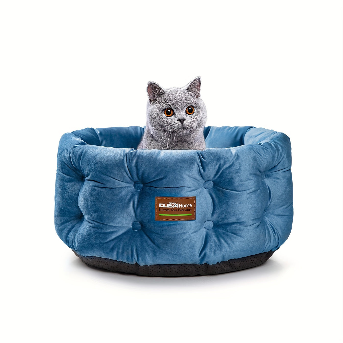 Deep Nest Round Cat Bed for Indoor Cats - Velvet Plush, Extra High Sides, Non-Slip Bottom, Machine Washable, 20x20x8in Cat Bed for Small Pets up to 15lbs, Steel Blue & Warm Beige