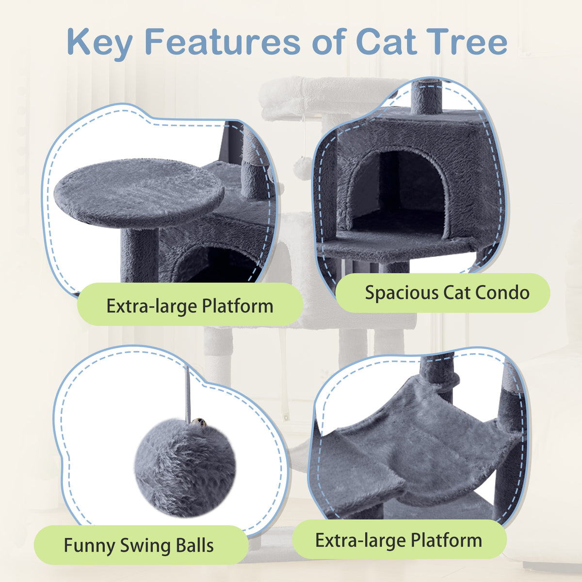 44-Inch Large Cat Tree Tower with Condo, Hammock & Sisal Scratching Posts – Multi-Level Indoor Cat House for Multiple Cats