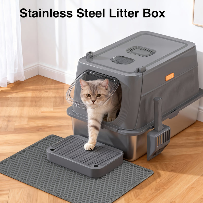 Extra Large Stainless Steel Cat Litter Box with Lid Enclosed Foldable Anti-Splash Indoor Cat Toilet with Front Flap Door Superior Odor Control
