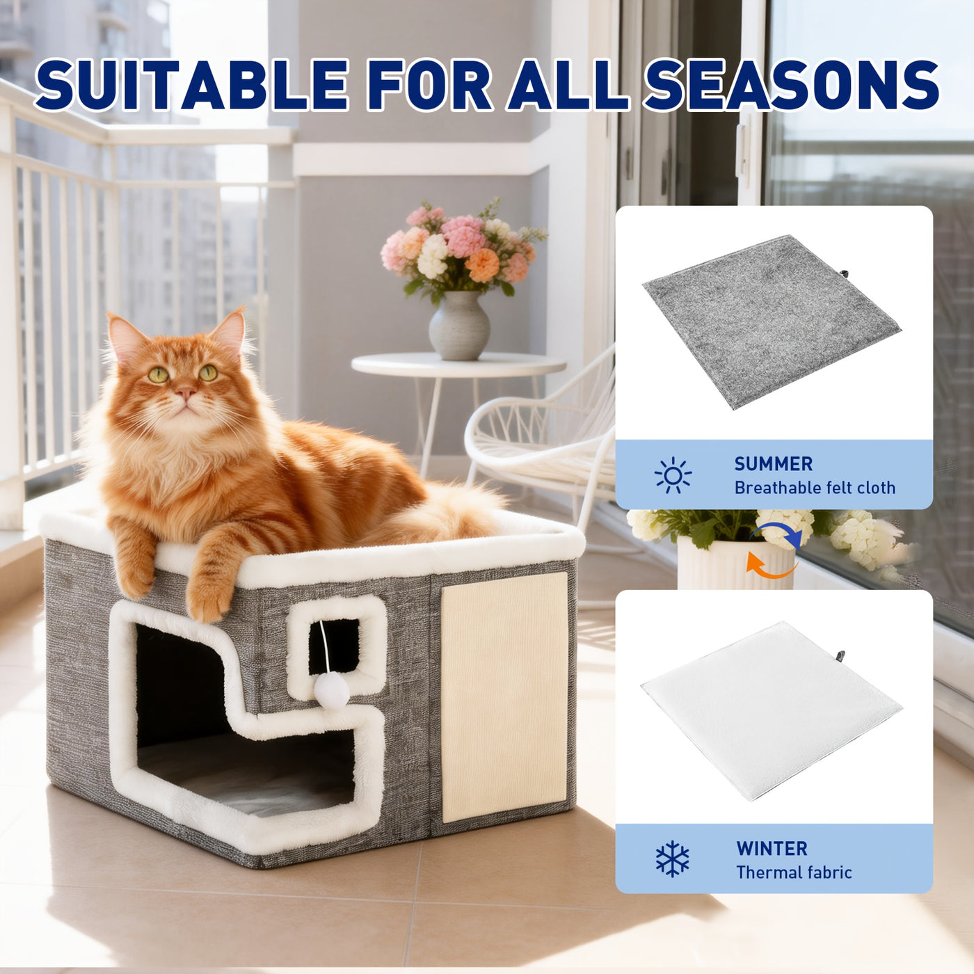 Indoor Cat House Condo 3-in-1 – Cat Bed Sleep Play & Scratch Box, Luxury Wooden Cube Ottoman Cat Cave Hideaway for Large Cats, Multi-Cat Friendly, Light Gray (Regular & Large)