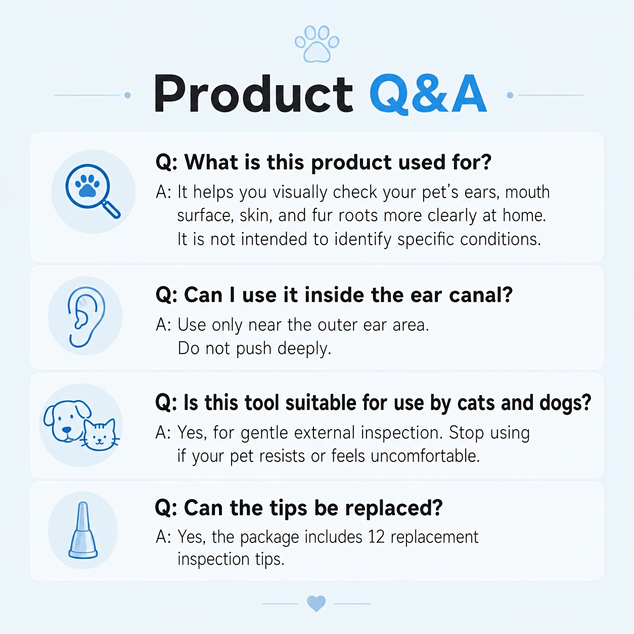Pet Ear Camera 1080P HD with 4X Zoom – 4-in-1 Smart Inspection Tool for Dogs & Cats, 12 Replaceable Tips, USB Rechargeable, Check Ears, Nose, Mouth & Fur